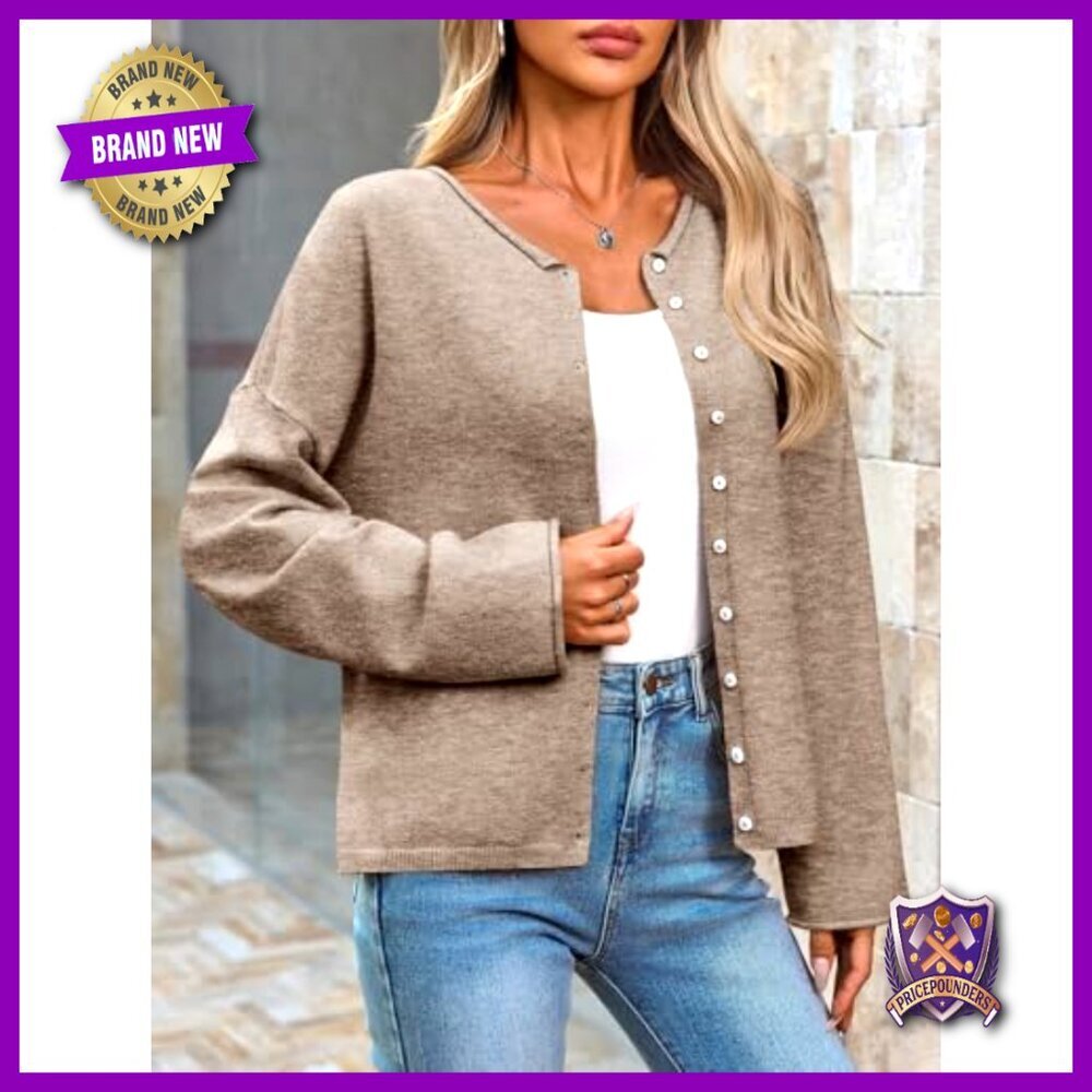 Button Up Cardigan Sweater Long Sleeve Crew Neck Lightweight Knit Loose Fit - Picture 5 of 7